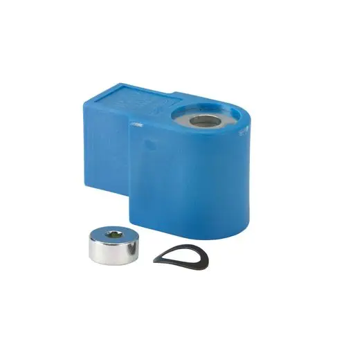 Blaue Spule mit metallischem Anschluss und Zubehörteilen. Teil von Danfoss, geeignet für Anwendungen mit 24 V AC.